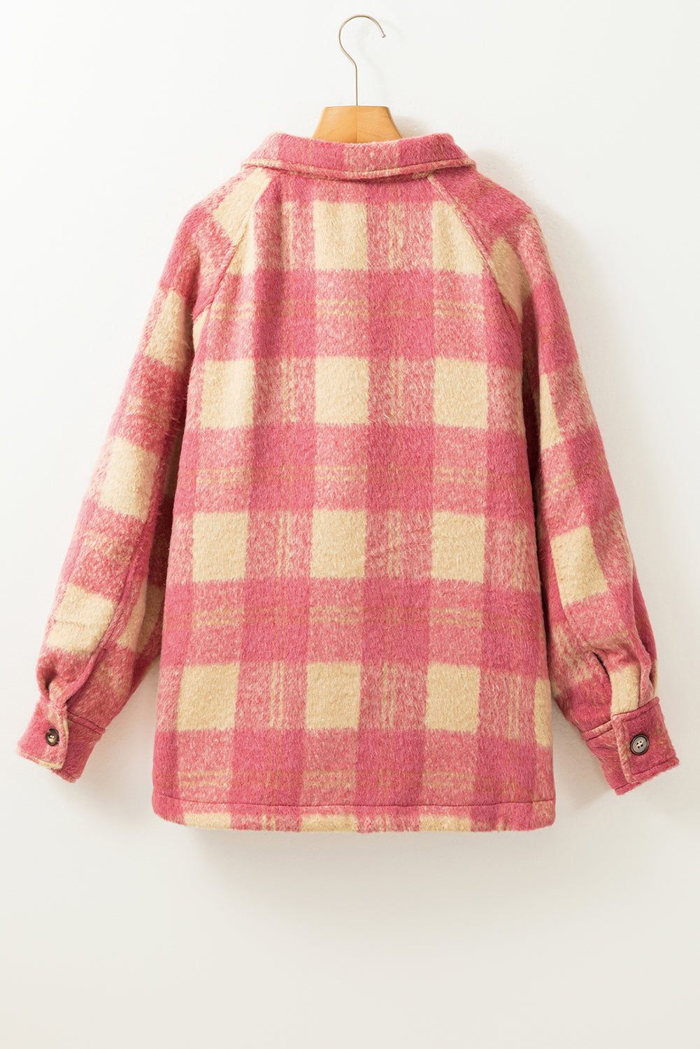 Peach Blossom Plaid Print Buttoned Collared Chest Pockets Shacket