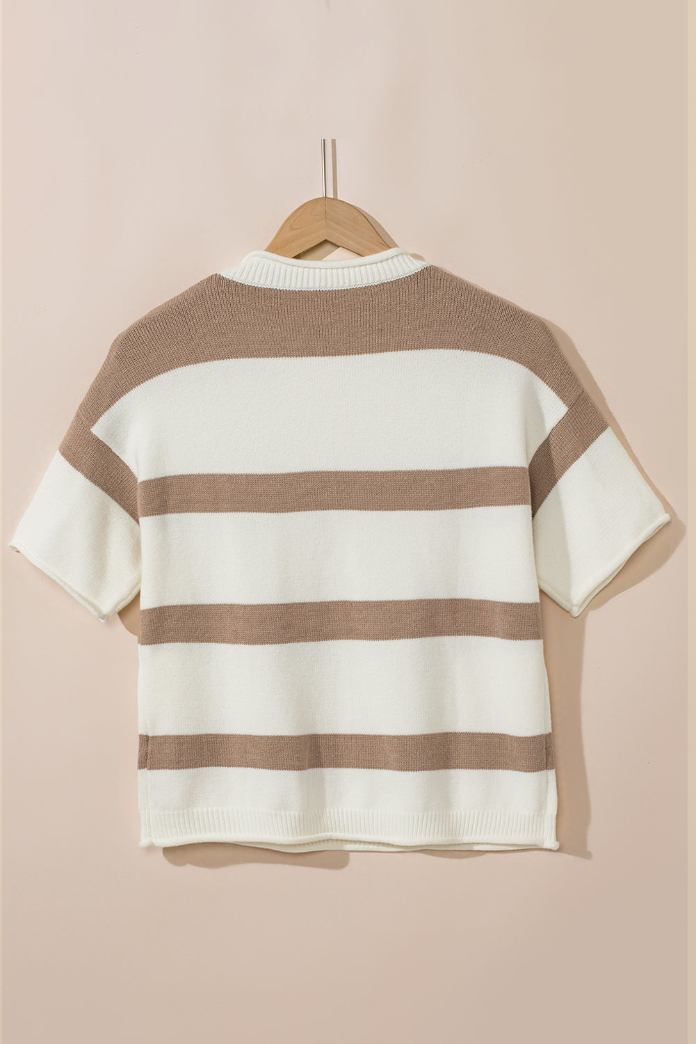 Khaki Stripe Dropped Short Sleeve Lightweight Knitted Top