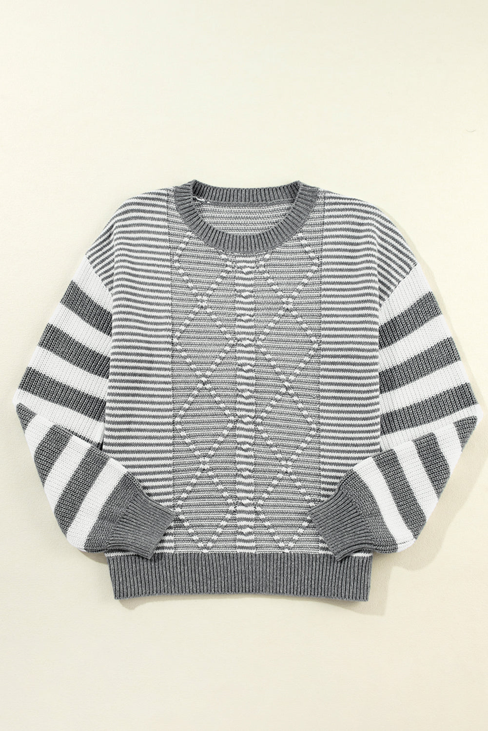 Gray Stripe Geometric Textured Drop Shoulder Sweater