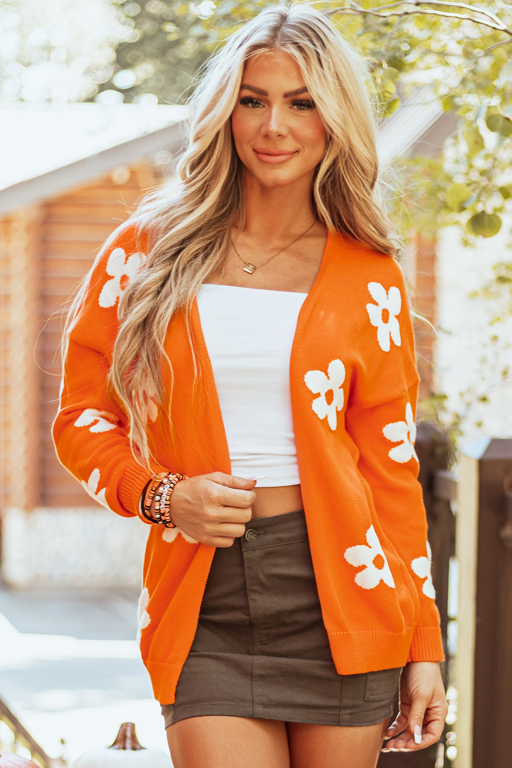 Orange Floral Print Knitted Open Front Loose Cardigan