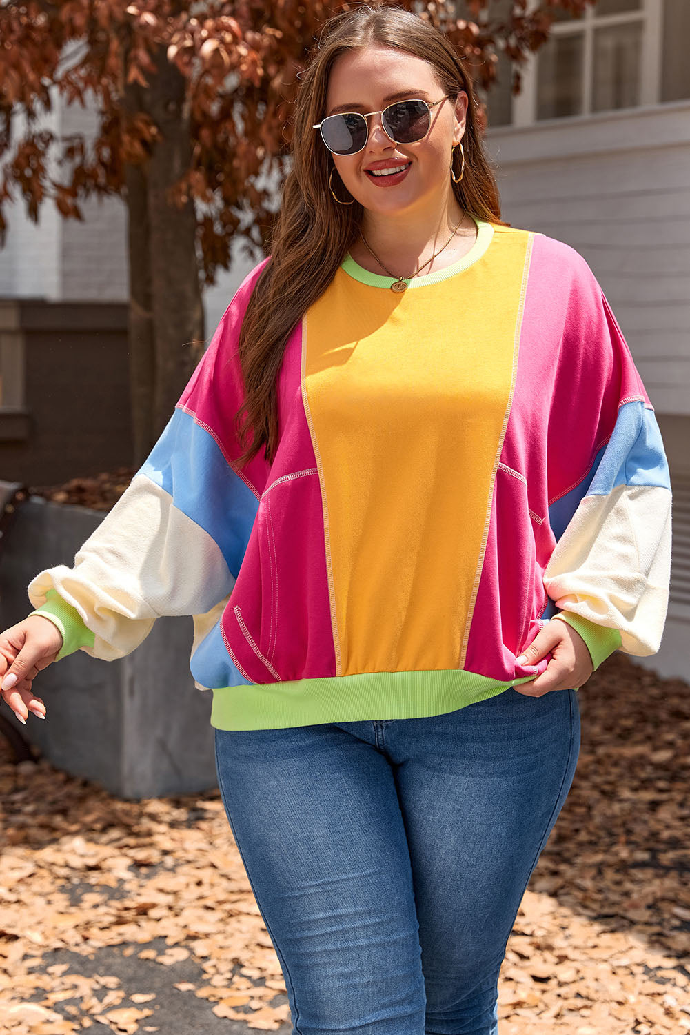 Rose Red Plus Size Colorblock Patchwork Exposed Seam Sweatshirt