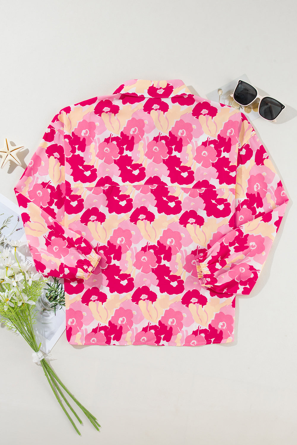 Pink Blooming Floral Print Puff Sleeve Buttoned Shirt