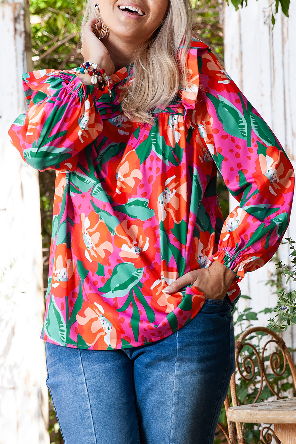 Rose Floral Print Pleated Ruffled O Neck Plus Size Blouse