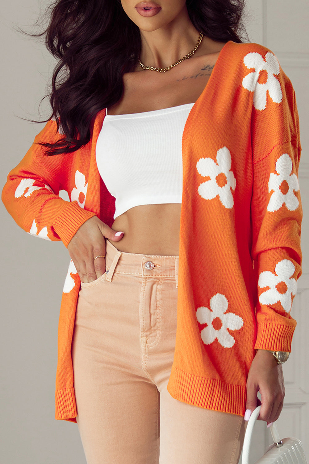 Orange Floral Print Knitted Open Front Loose Cardigan