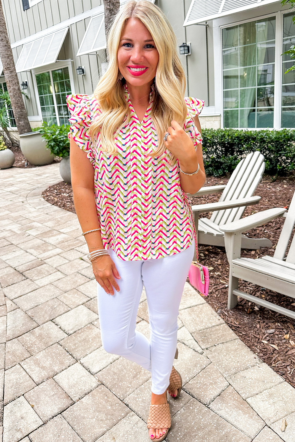 Multicolour Chevron Print Ruffled Sleeve Blouse