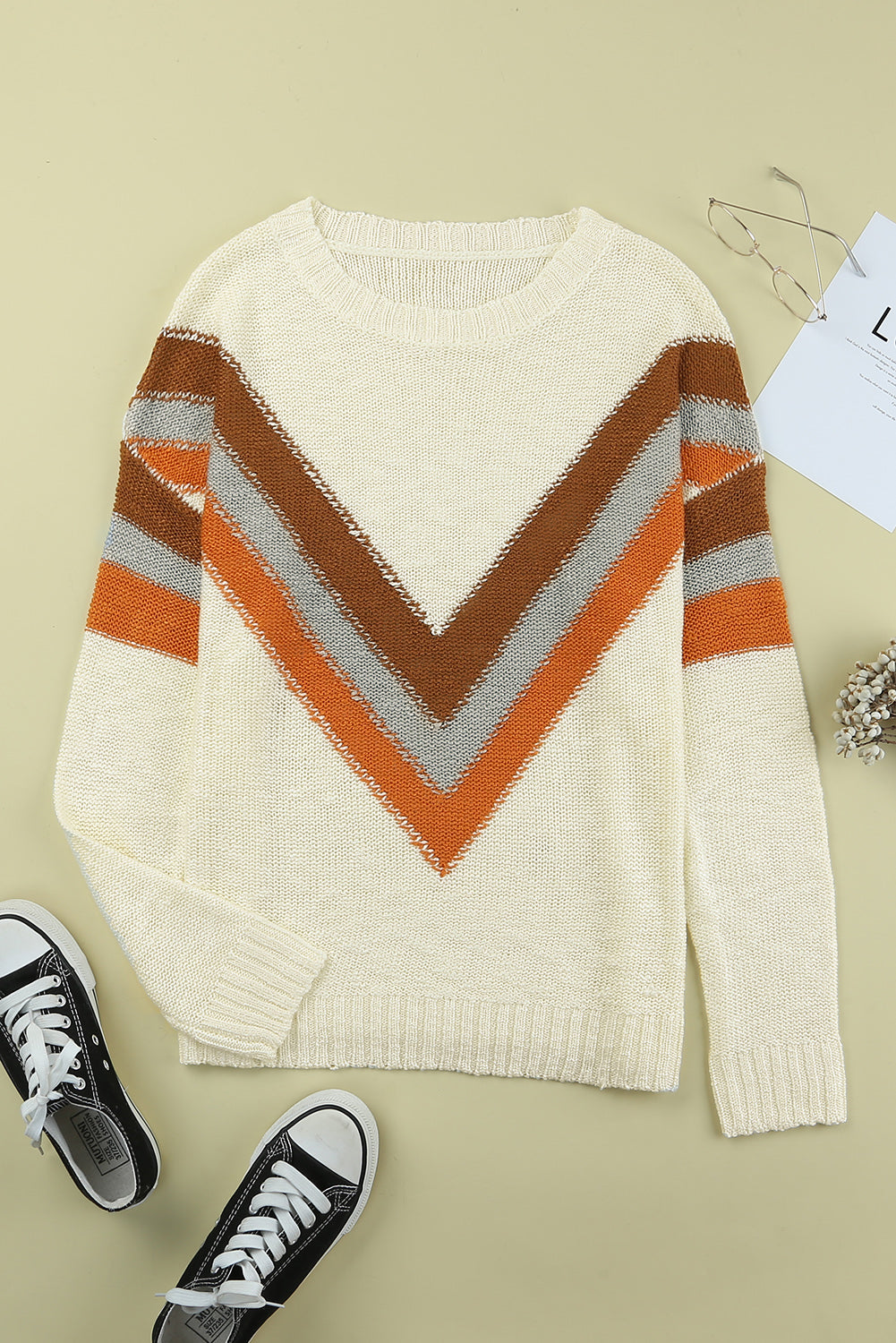 Beige Chevron Striped Drop Shoulder Sweater