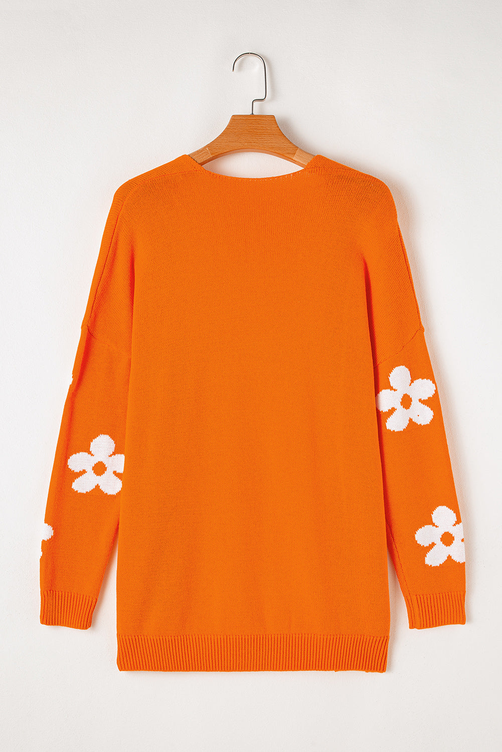 Orange Floral Print Knitted Open Front Loose Cardigan