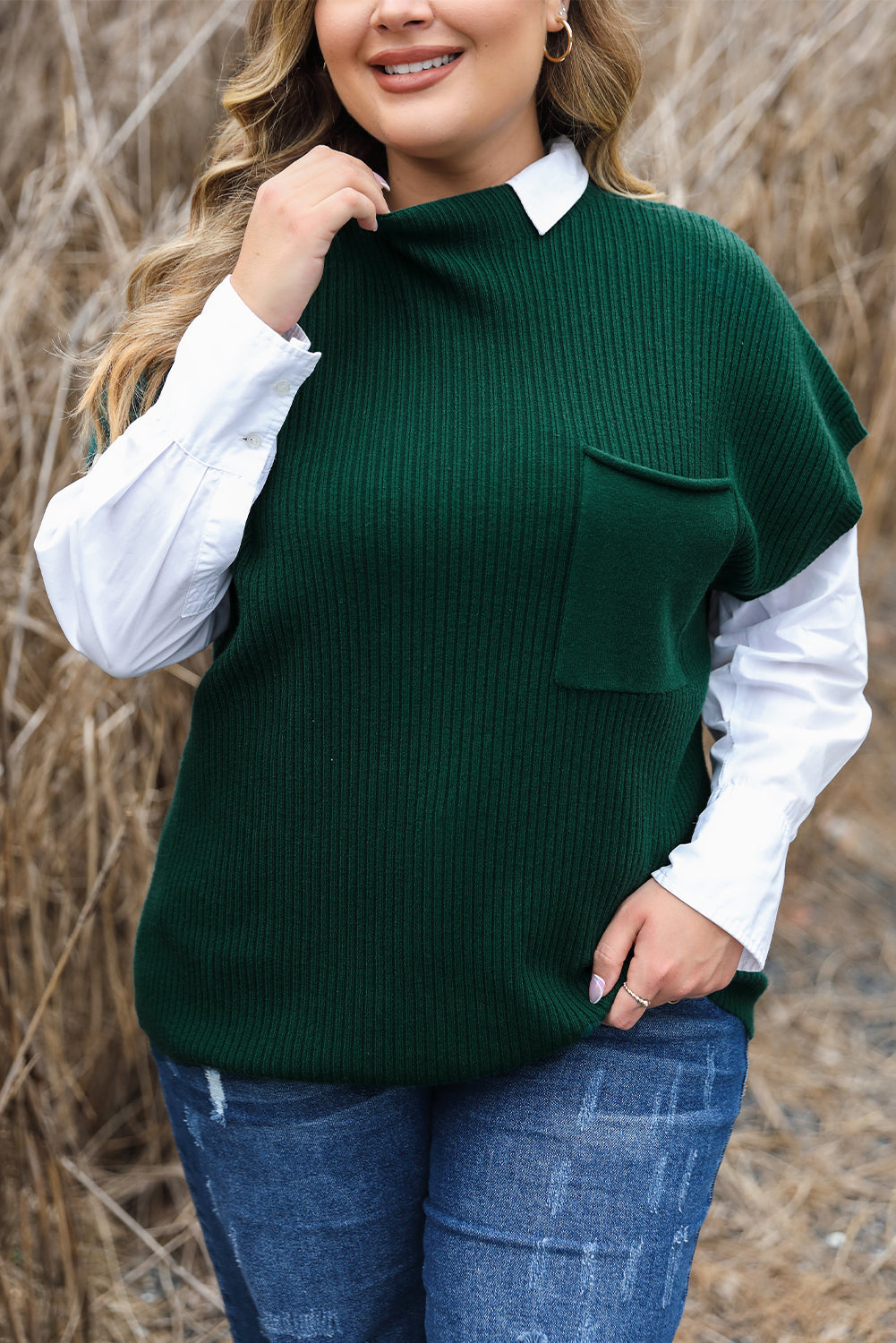 Jungle Green Plus Size Mock Neck Chest Pocket Short Sleeve Sweater