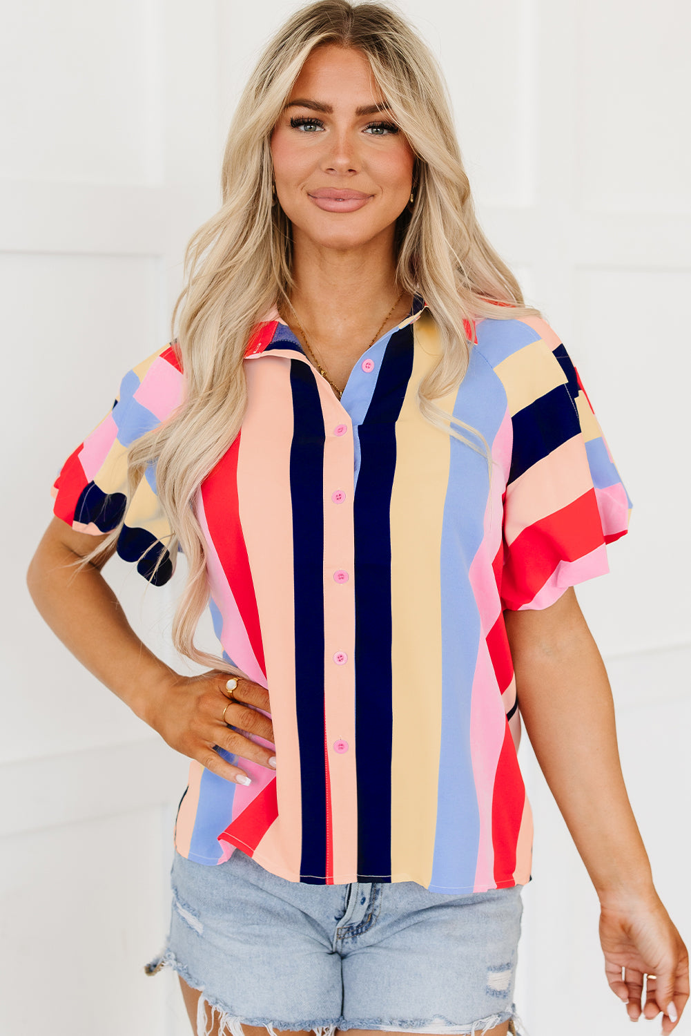 Multicolor Color Block Striped Puff Sleeve Buttoned Shirt