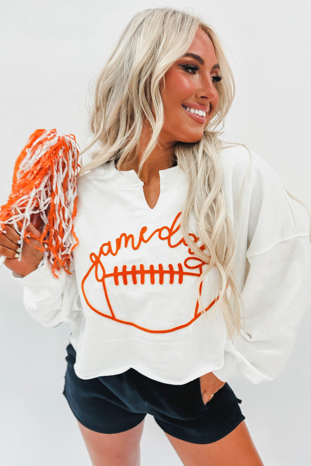 White Game Day Lettering Rugby Football Notched Neck Sweatshirt