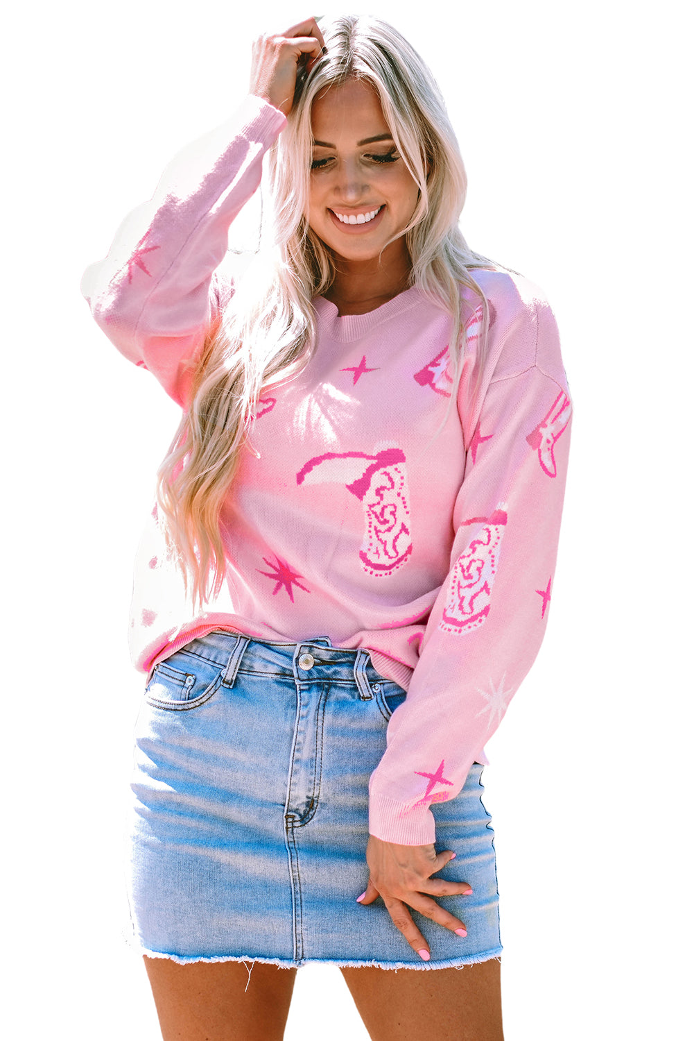 Pink Western Cowboy Boot Sweater