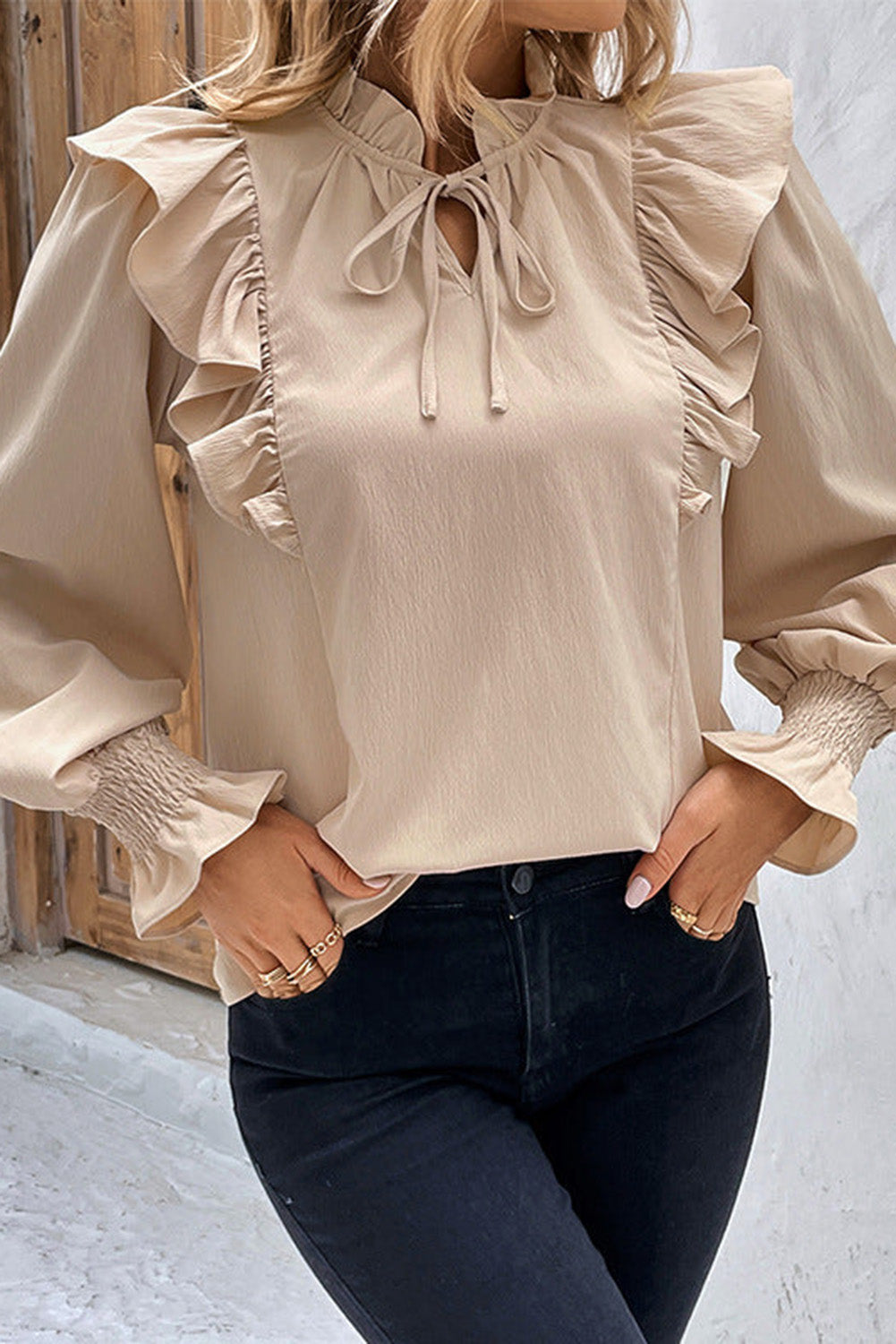 Khaki Ruffled Lace up Bubble Sleeve Blouse