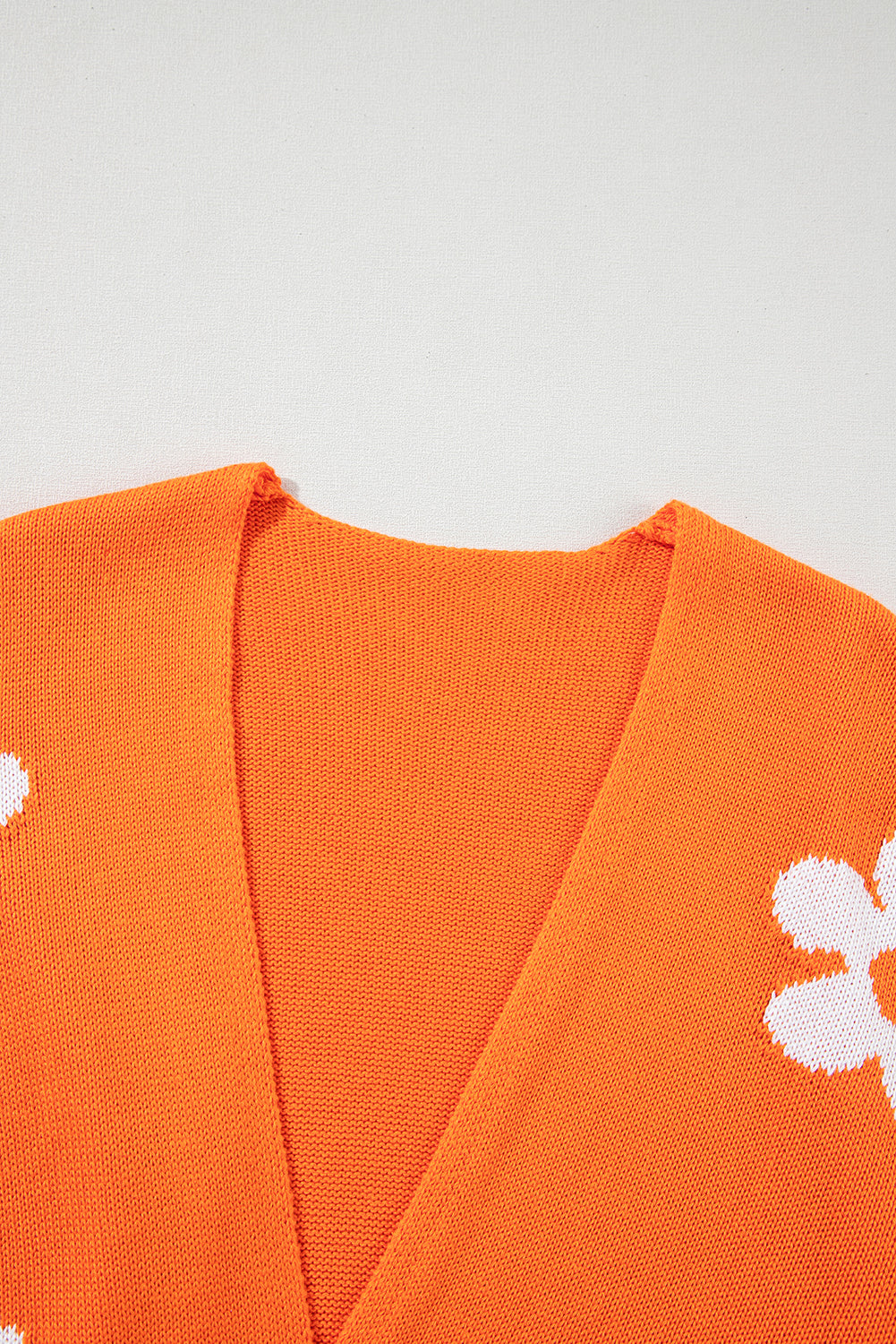 Orange Floral Print Knitted Open Front Loose Cardigan