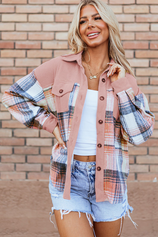 Light Pink Plaid Corduroy Patchwork Chest Pocket Shacket