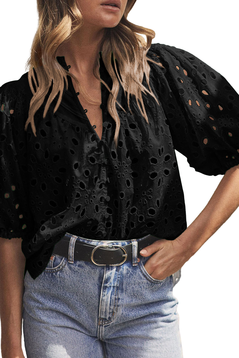 Black Flower Embroidered Hollow-out Puff Sleeve Blouse