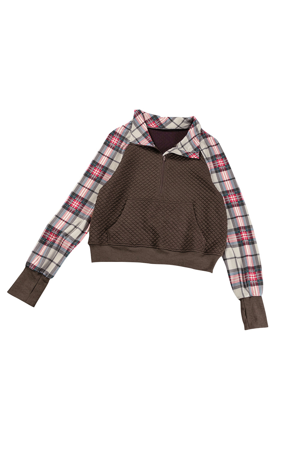 Khaki Printed Plaid Sleeve Patchwork Collared Textured Sweatshirt