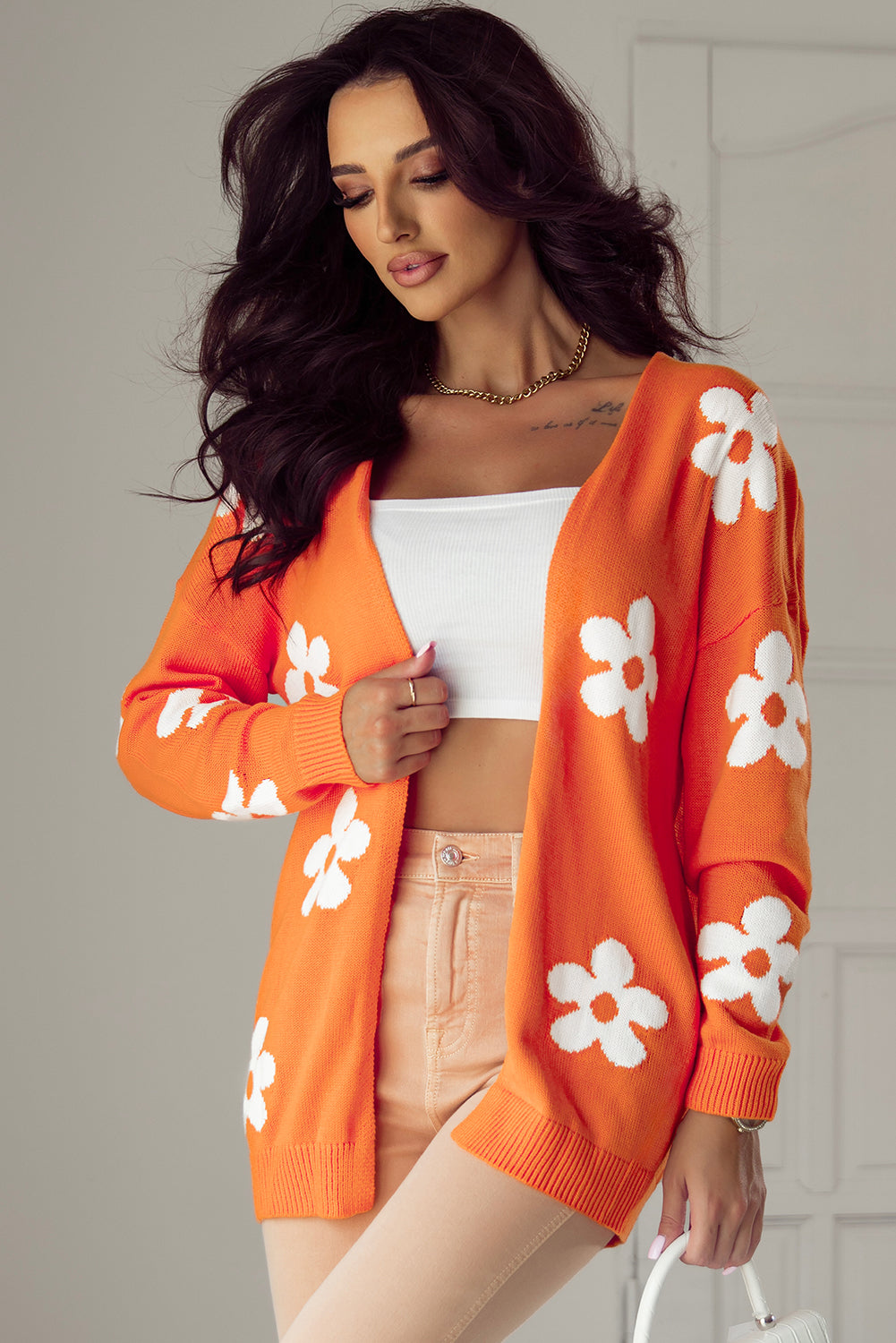 Orange Floral Print Knitted Open Front Loose Cardigan