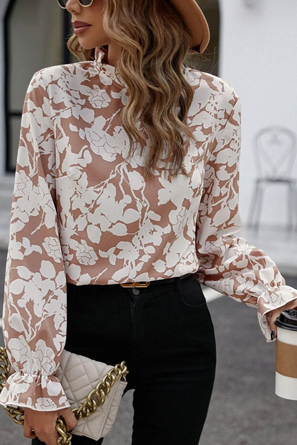 Light French Beige Floral Print Frilled Neckline Flounce Sleeve Blouse