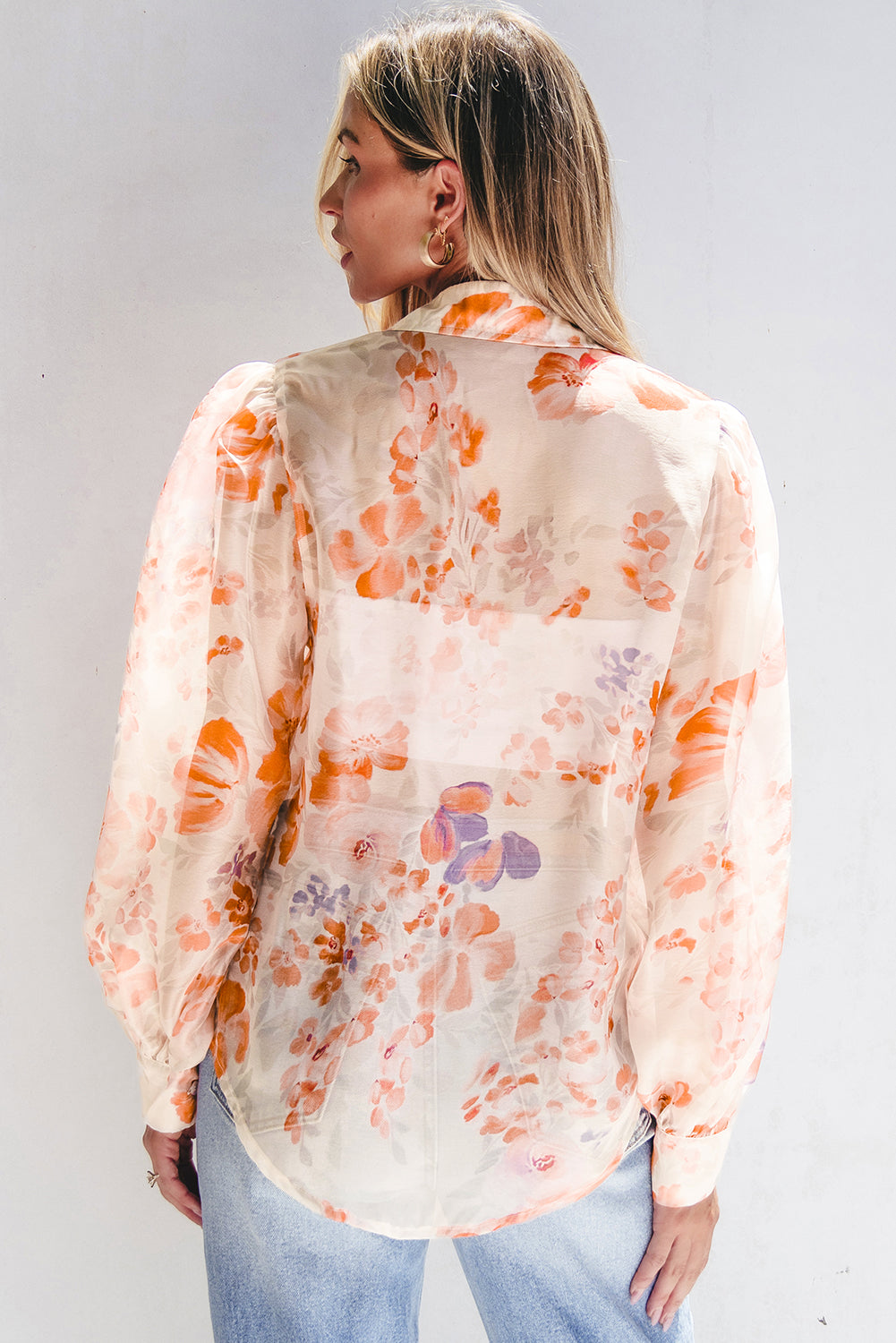 White Floral Print Collared Balloon Sleeve Loose Shirt