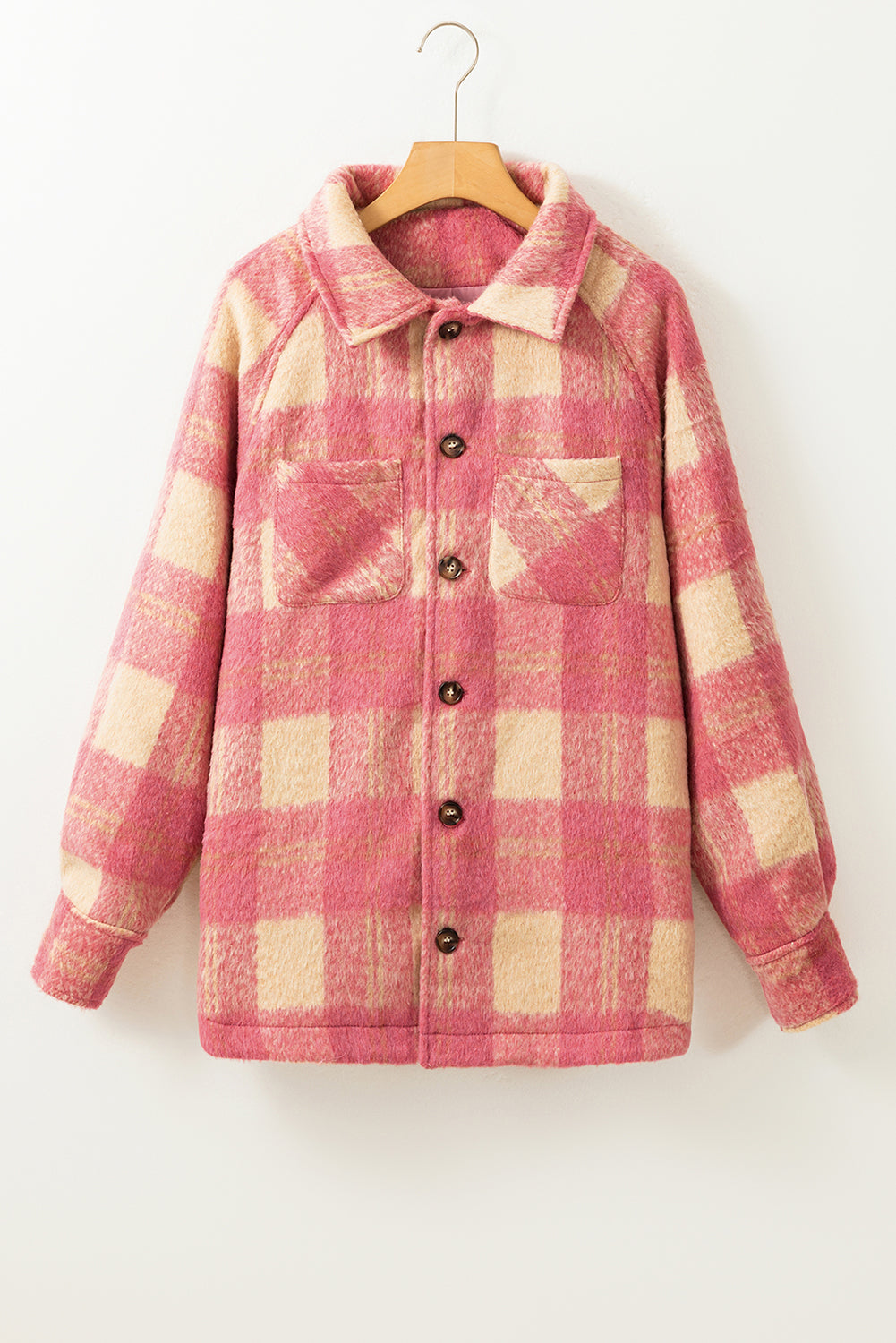 Peach Blossom Plaid Print Buttoned Collared Chest Pockets Shacket