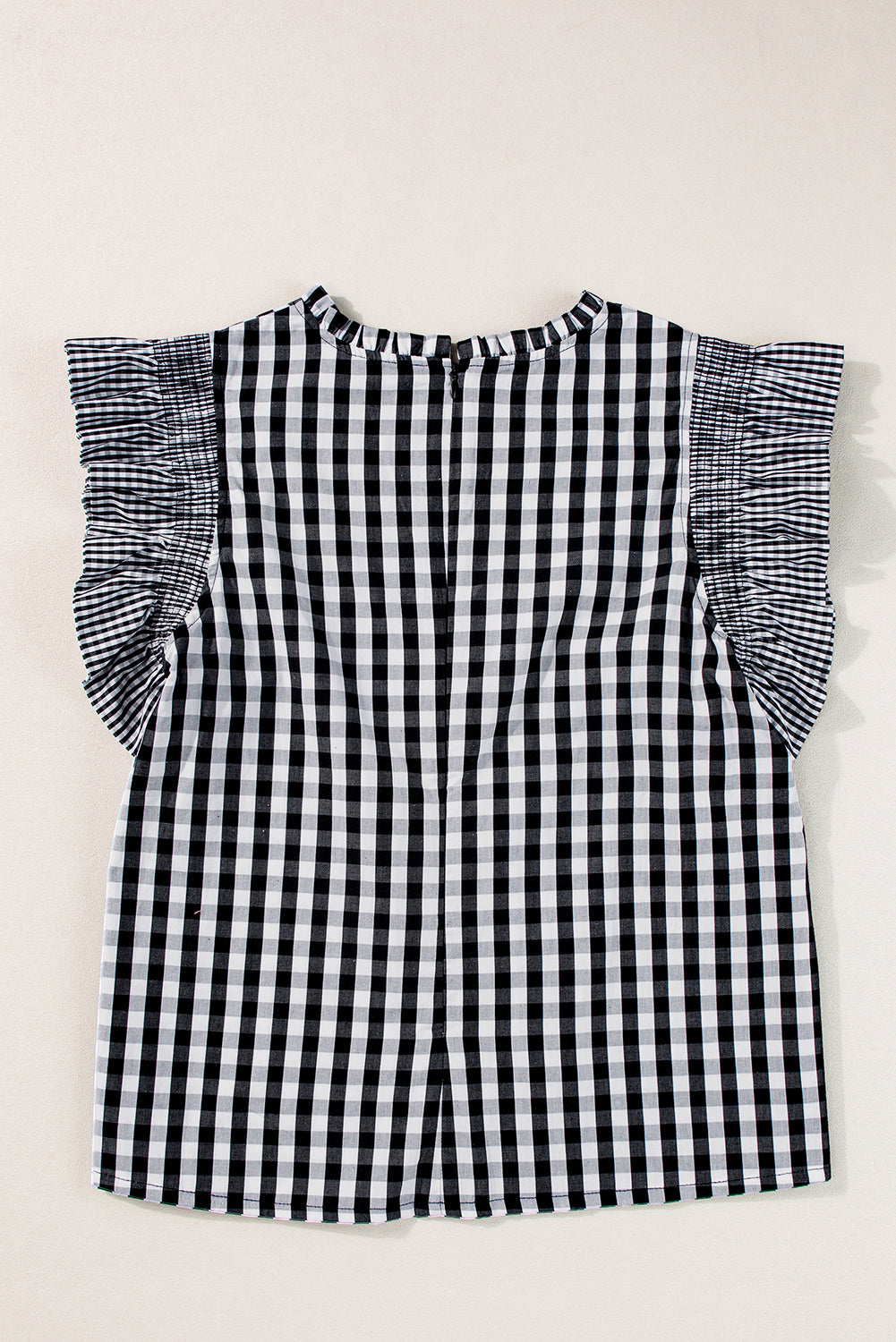 Black Checkered Ruffled Sleeve Frilled Neck Blouse