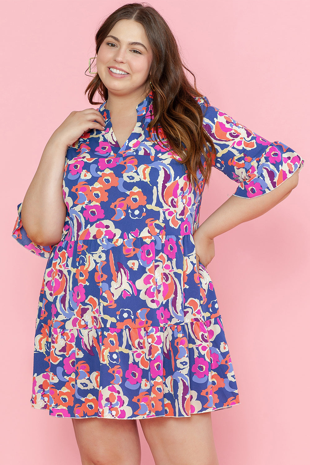 Blue Plus Size Floral Print Ruffled 3/4 Sleeve Mini Dress