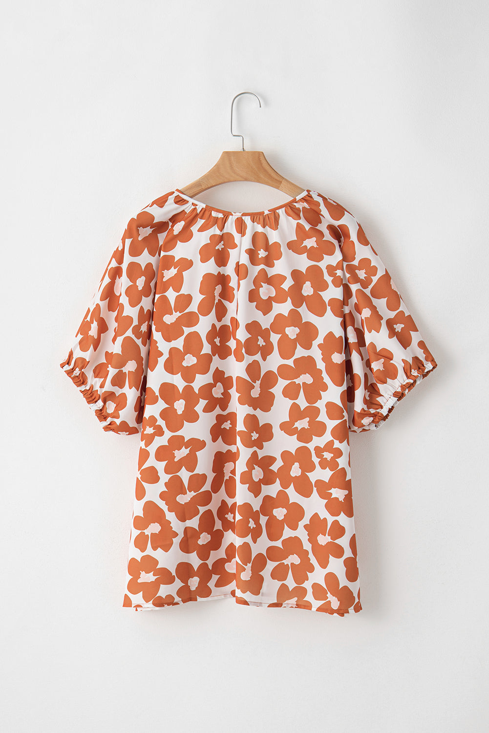 Orange Plus Size Floral Print Drawstring V Neck Short Sleeve Blouse